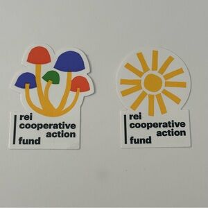 REI Co-Op Cooperative Action Fund Sticker Decal Lot of 2 Sun & Mushroom NEW